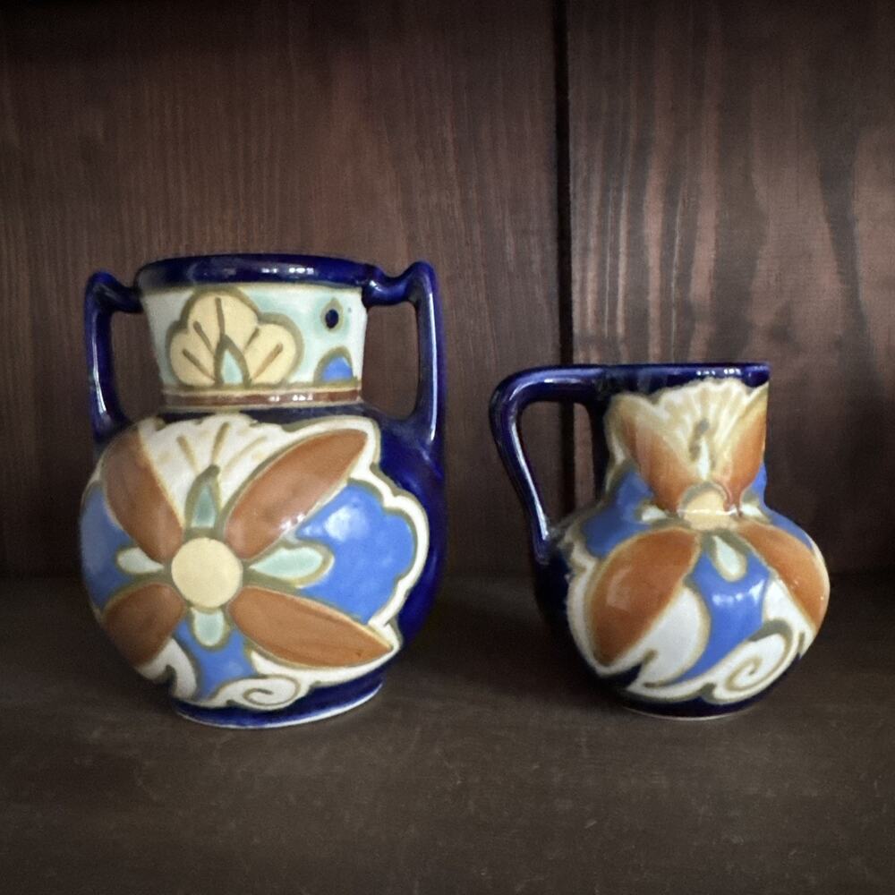 Set of 2 Vintage Japanese Art Deco Vases Cobalt Blue Gouda Style Hand Painted